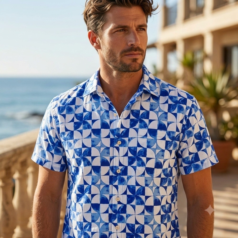 NEW Kenny Flowers Button Down Shirt Men Large Blue White Geometric Tile Rayon